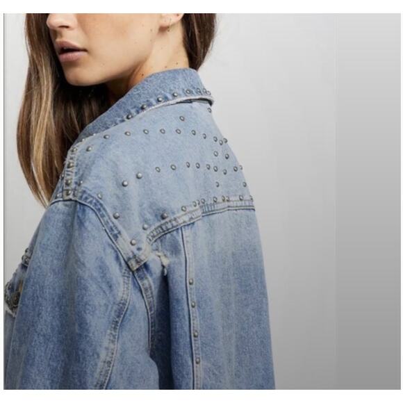 Free People Studded Oversized Denim Trucker Jacket Medium Distressed Blue Boho - Picture 8 of 13